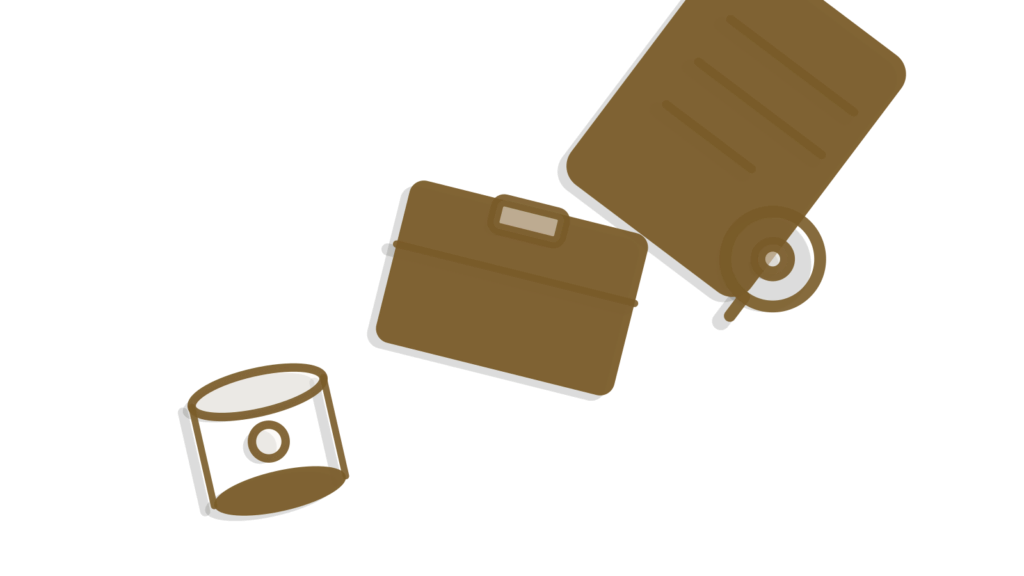 A film spool, box and small frame stacked diagonally, standing for a searchable video library.