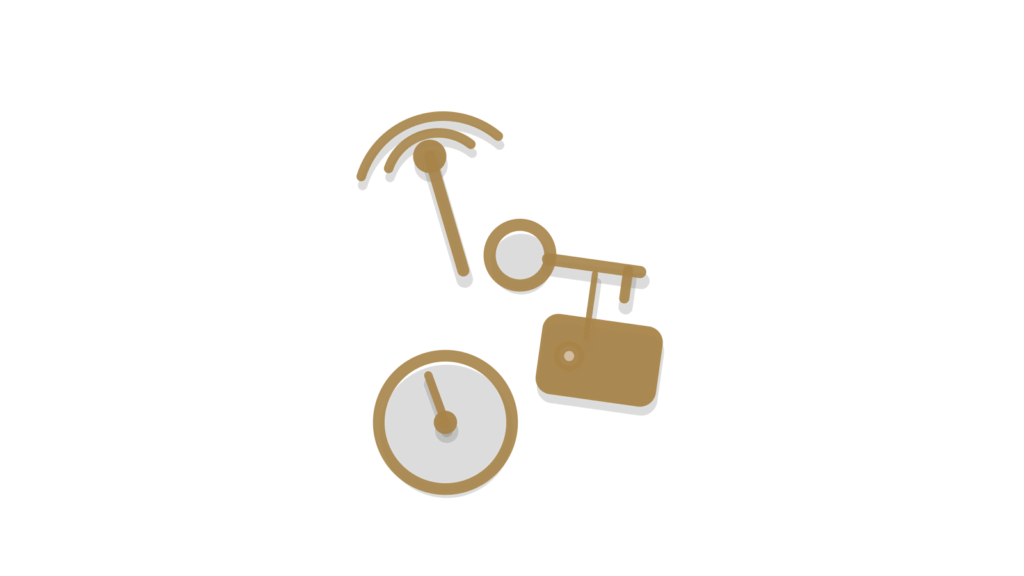 Brass signal tower, key tag and dial arranged isometrically, showing a viewing request booked into a calendar.