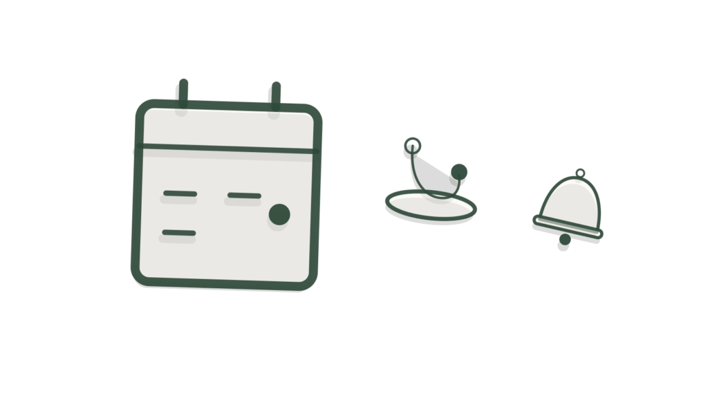 A closed appointment book beside a handset and a brass hourglass, showing scheduling calls handled calmly.
