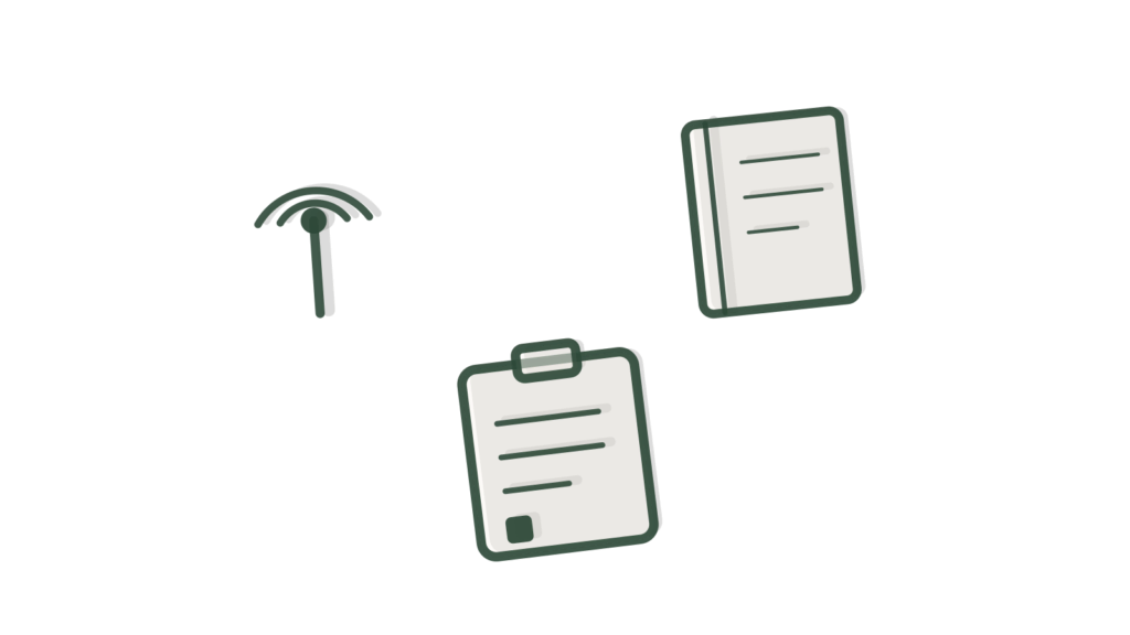 Signal tower, notebook and clipboard scattered on a desk, representing a phone line dedicated to booking.