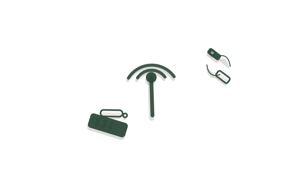A desk phone beside tabbed cards and a brass routing fork, showing calls answered, tagged and routed to the right person.