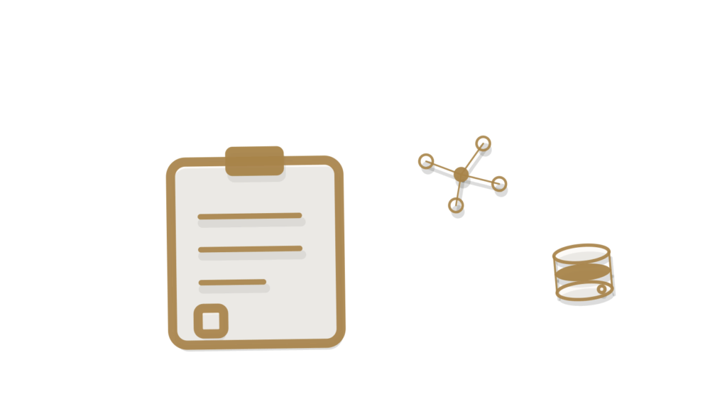 Brass clipboard holding a live network of dots beside a data cylinder, showing a queue watched in real time.