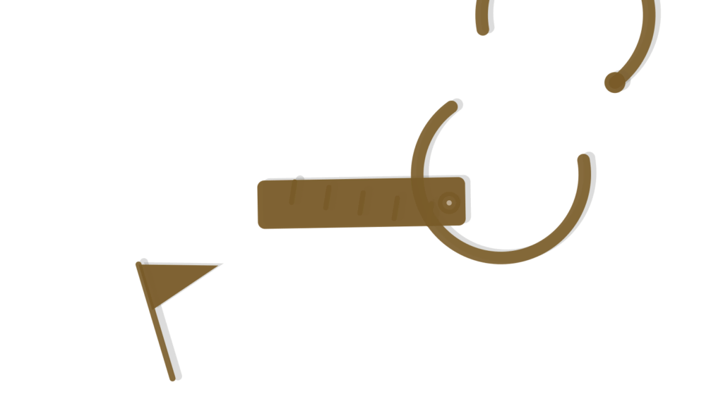 A charcoal pennant flag, brass ruler and paper sync-arrows beside a booklet, showing a warranty claim being checked.