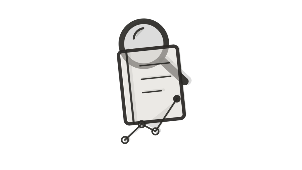 Magnifying glass over an open notebook with a trend-line card, standing in for open-web research delivered as a brief.