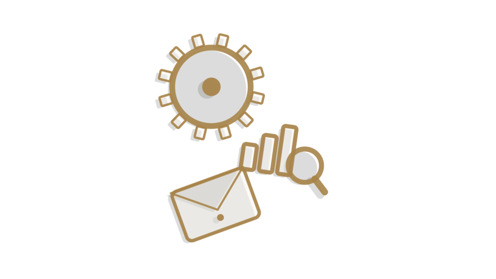 Small gear, flag marker and envelope, showing one webinar turned into several pieces of content.