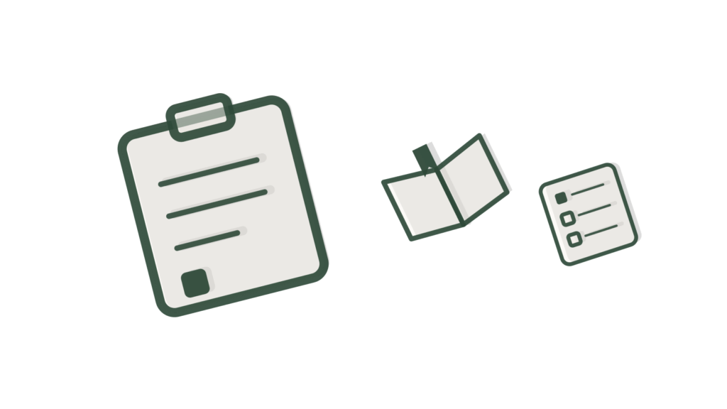 An open book with a green tab and a speech-bubble tile on its page, showing course questions answered from the handbook.