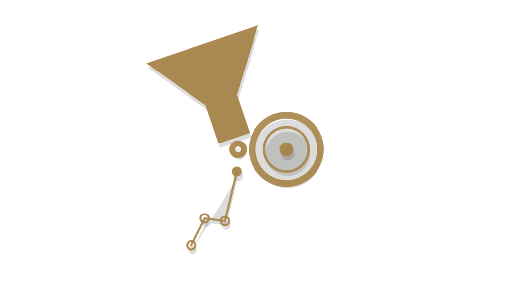 Brass funnel, stacked coins and a trend-line card arranged isometrically for a weekly business review.