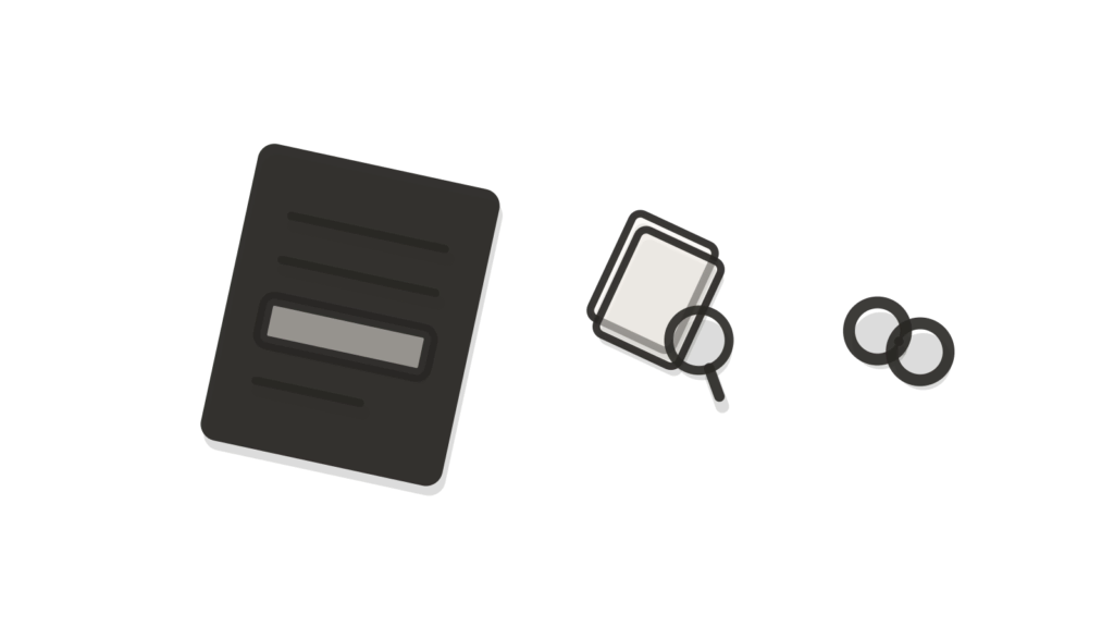 Calm still-life of a highlighted answer card resting on a stack of searchable documents, joined by a chain link, beside a magnifying glass over a small rising chart