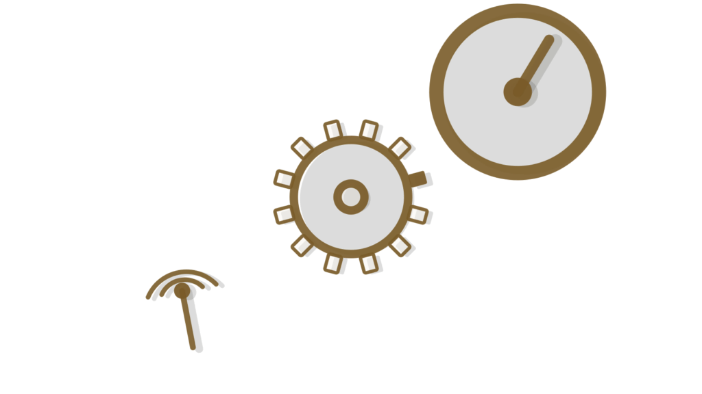 A signal tower leaning on a small gear beside a brass dial, showing every action stopped for review.