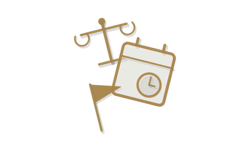Isometric brass scale, coin and flag pennant, showing a support reply waiting on approval.