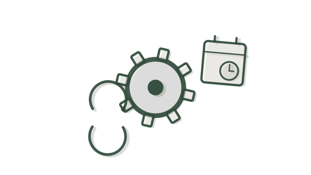 A paper gear linked by thread to a dot network with sync arrows, showing catalog data kept in order.