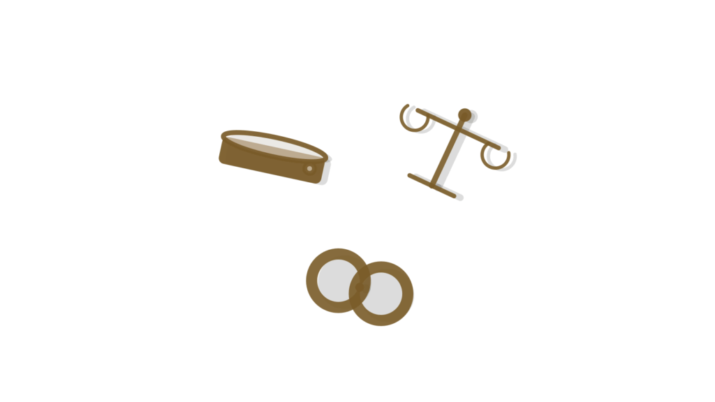 A tray of stones linked by a chain to a balanced scale, showing shoppers guided to the right fit.