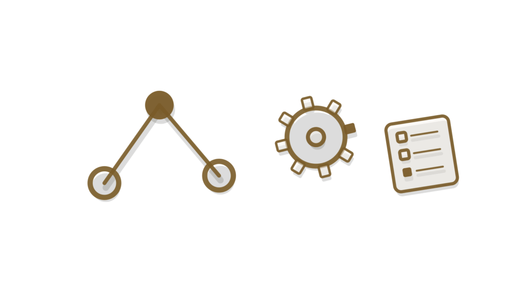 Calm still-life illustration of connected flow nodes beside a gear, a checklist and a chain link, representing an AI agent working through steps.