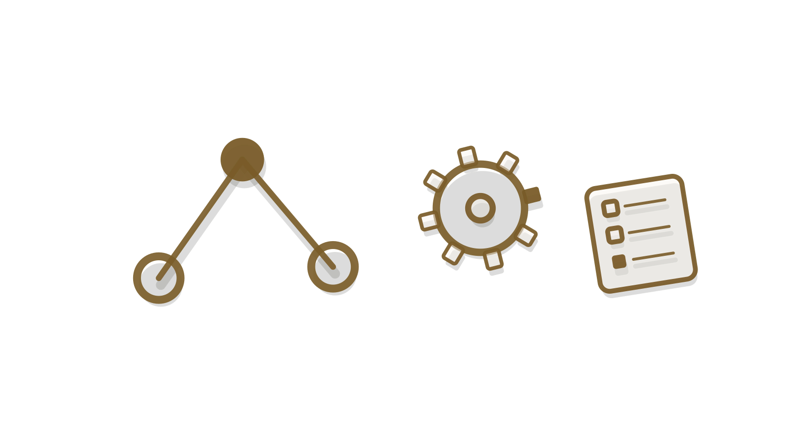 Calm still-life illustration of connected flow nodes beside a gear, a checklist and a chain link, representing an AI agent working through steps.