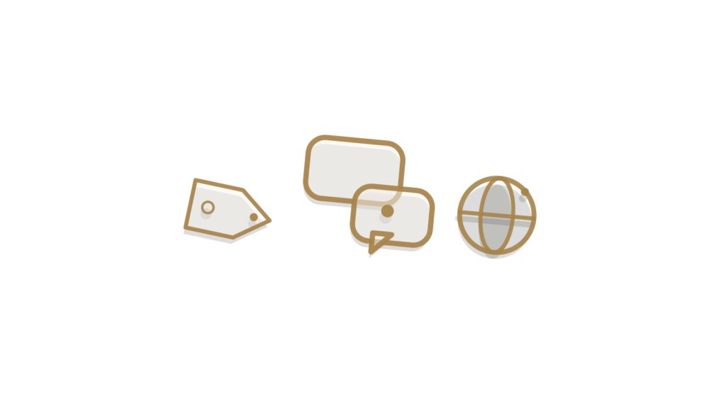 A speech-bubble shape beside a string-tied parcel and a brass tag, showing a chat turning into an order.