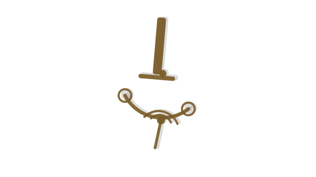 Brass cursor and bridge-arc shape beside a signal tower, showing a WhatsApp chat closing into a sale.