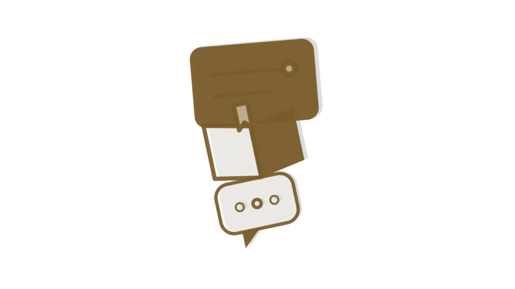 A notebook with a green ribbon, an open book, a small bell and two speech bubbles, showing learner questions answered.