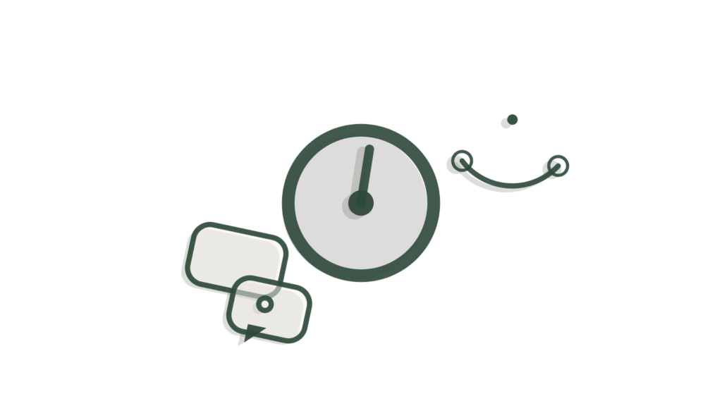 Paper-cut dial and bridge shape beside two speech bubbles, showing a support question resolved on WhatsApp.